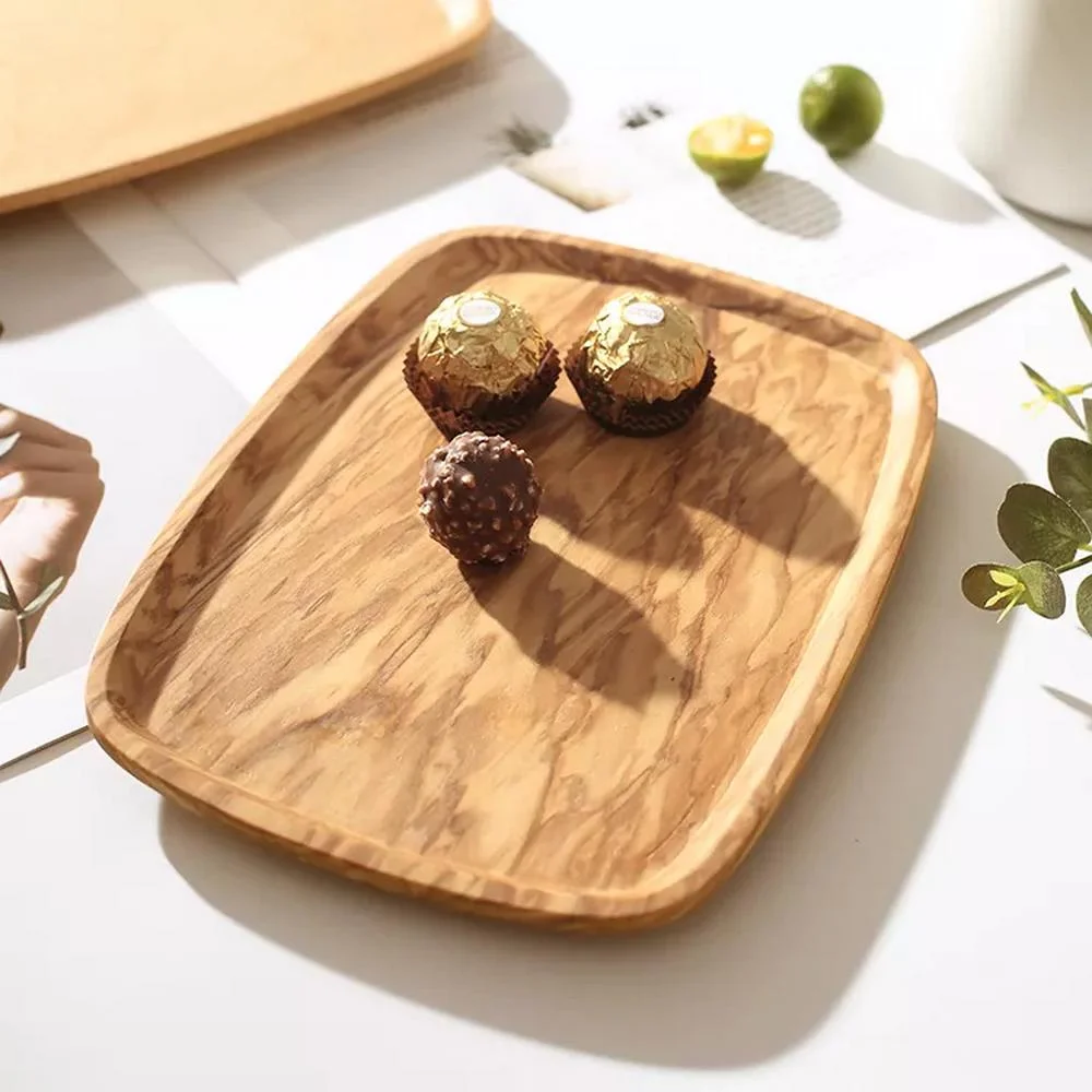 Solid Olive Wood Serving Tray for Coffee Snacks Appetizer Cake Food Bread Fruit