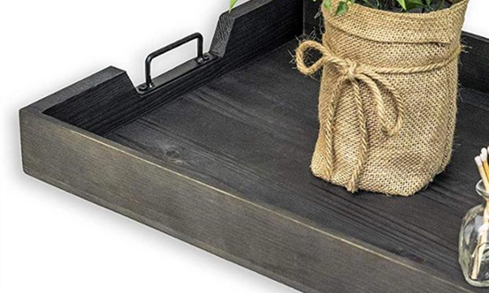 Modern Rustic Wood/Wooden Serving Tray with Metal Handles for Food/Tea/Coffee/Souvenir Storage