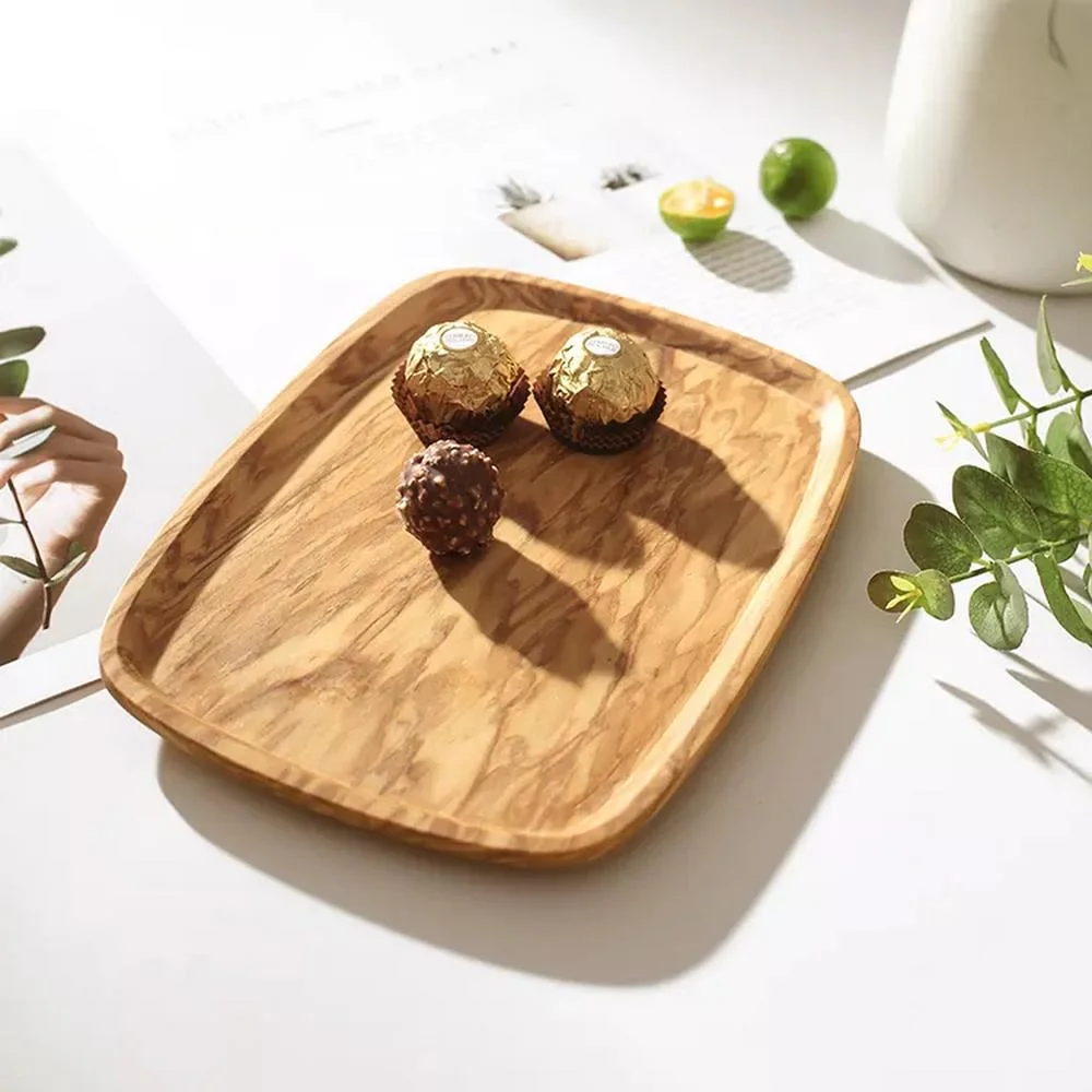 Solid Olive Wood Serving Tray for Coffee Snacks Appetizer Cake Food Bread Fruit