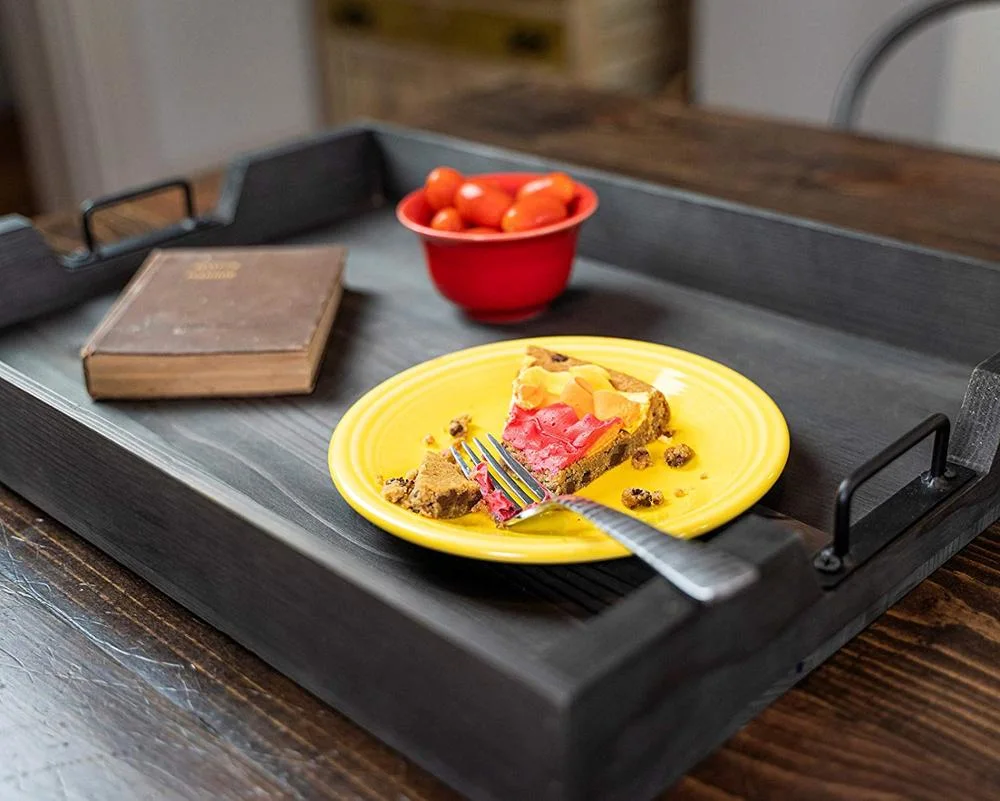 Modern Rustic Wood/Wooden Serving Tray with Metal Handles for Food/Tea/Coffee/Souvenir Storage