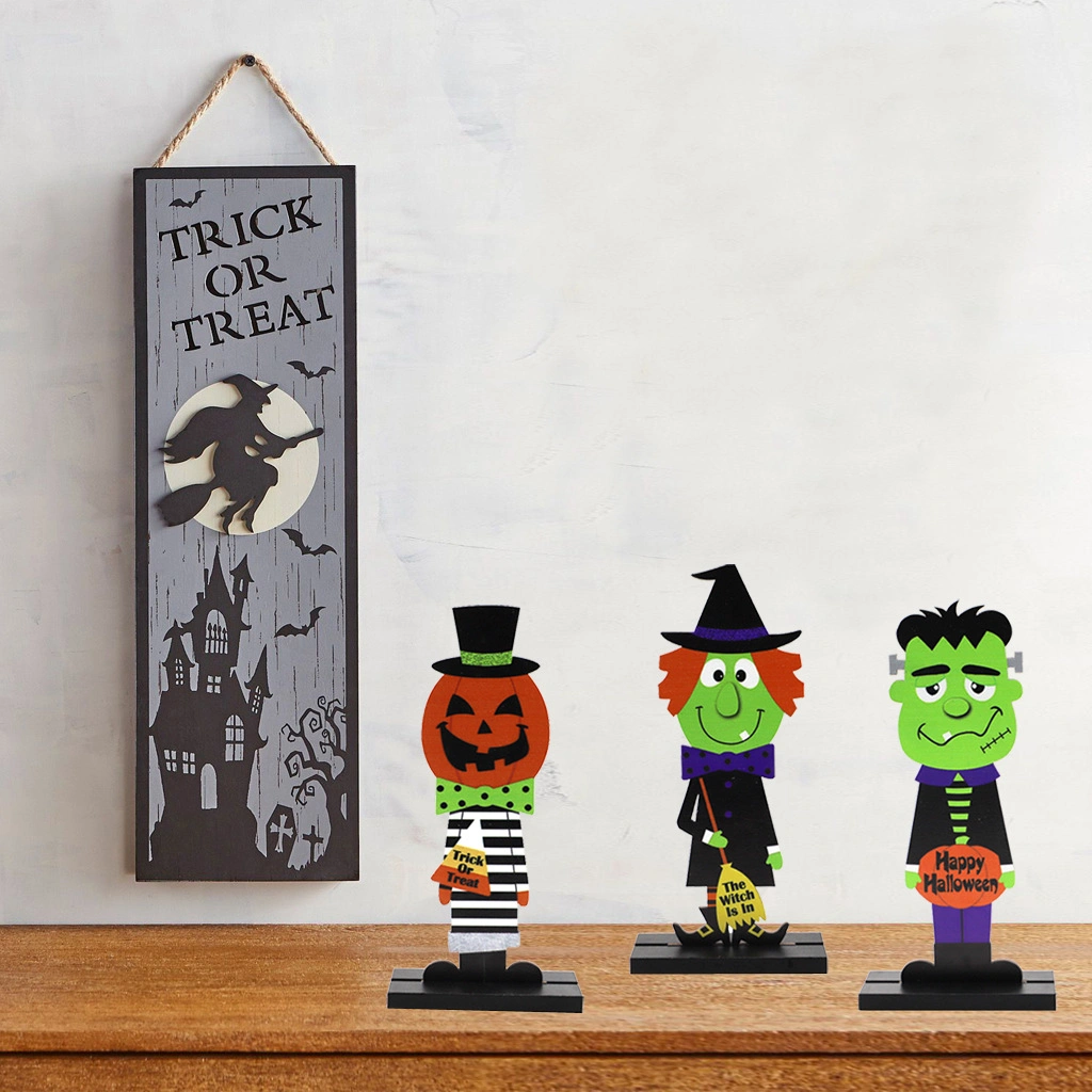 Wooden Halloween Ornaments Wooden Crafts Desktop Decorative Pumpkin Man Witch Ornaments