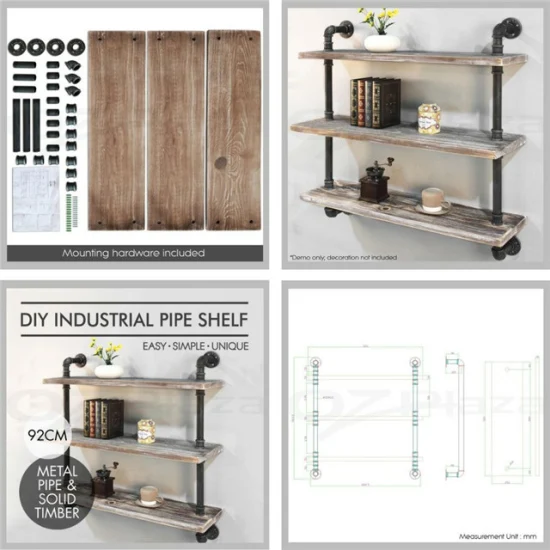 Armação de cano de metal de ferro fundido prateleira de decoração de parede suporte de prateleira de madeira montado na parede