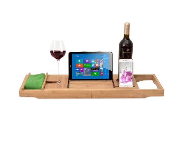 Bandeja para banheira de bambu, bandeja para banho de madeira com braços extensíveis, suporte para leitura, suporte para tablet, bandeja para celular e suporte para copo de vinho