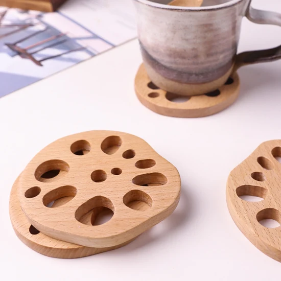 Porta-copo de mesa criativo em forma de raiz de lótus com isolamento térmico porta-copos de madeira